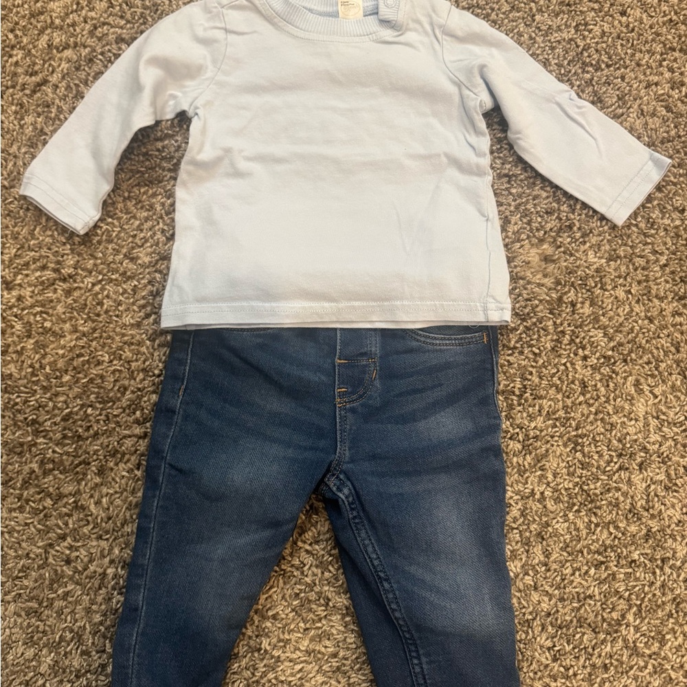 H&M Light Blue Long Sleeve Top with Dark Blue Denim Pants Set